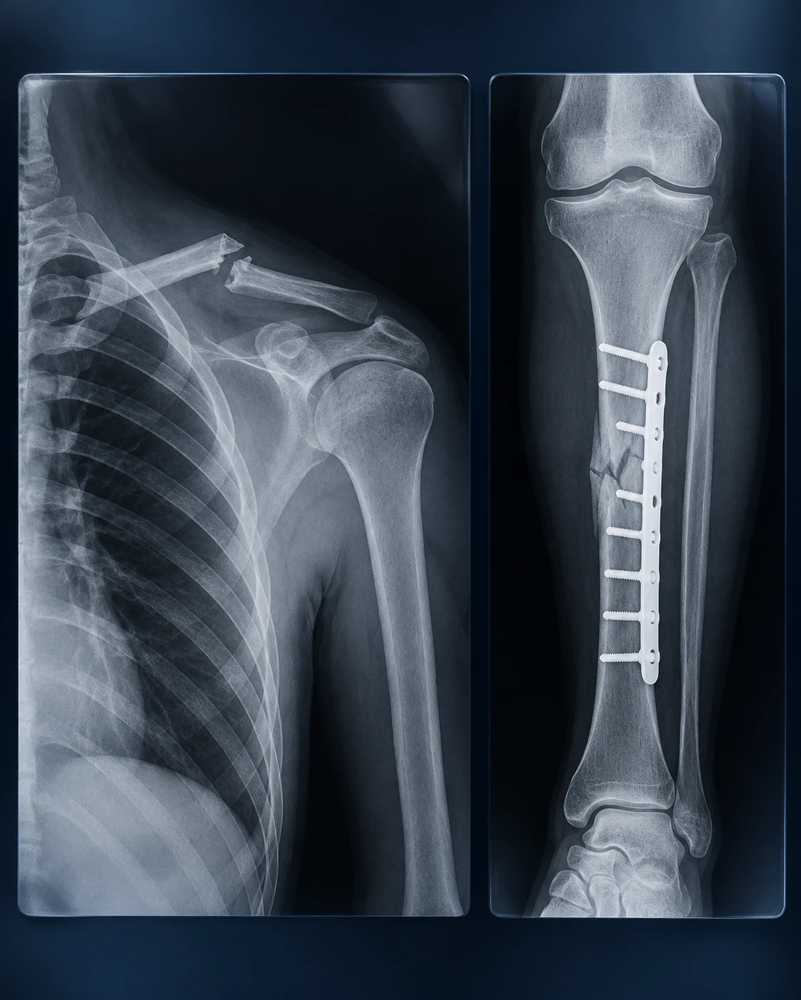 Ilustração de radiografias de clavícula fraturada e perna com placa e parafusos