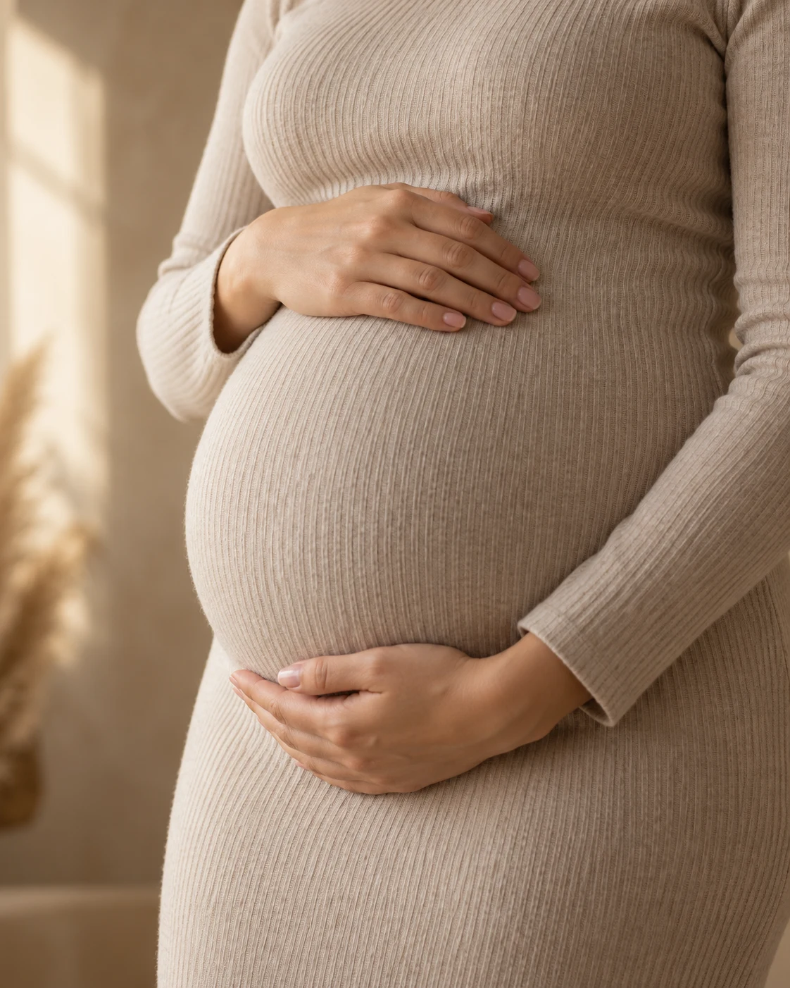 Gestante com as mãos sobre a barriga, sem mostrar o rosto